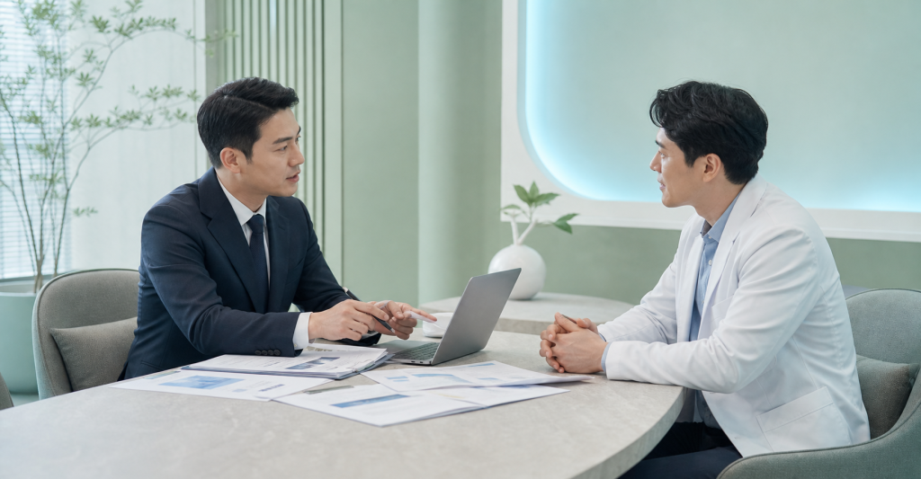 자금·세무 컨설턴트와 원장의 상담 장면